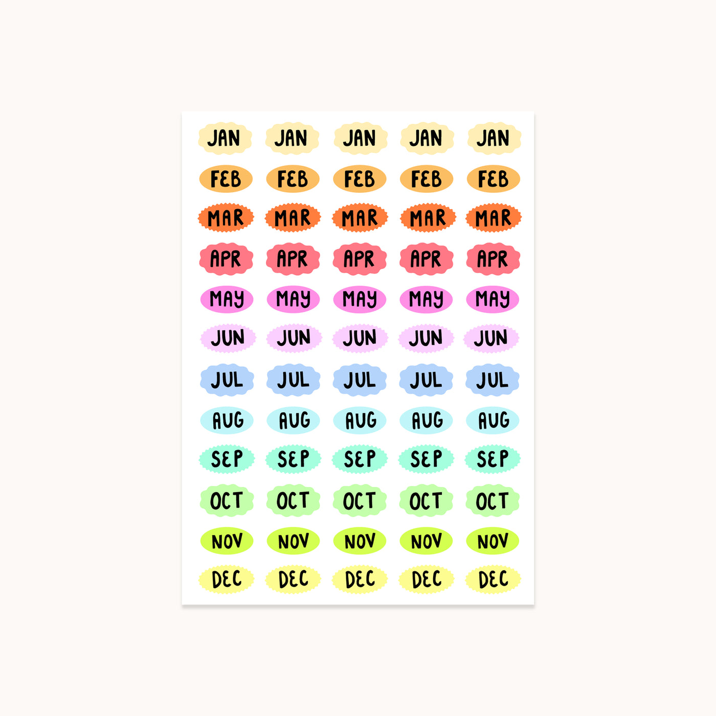 Colorful month labels on a white background