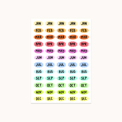 Colorful month labels on a white background
