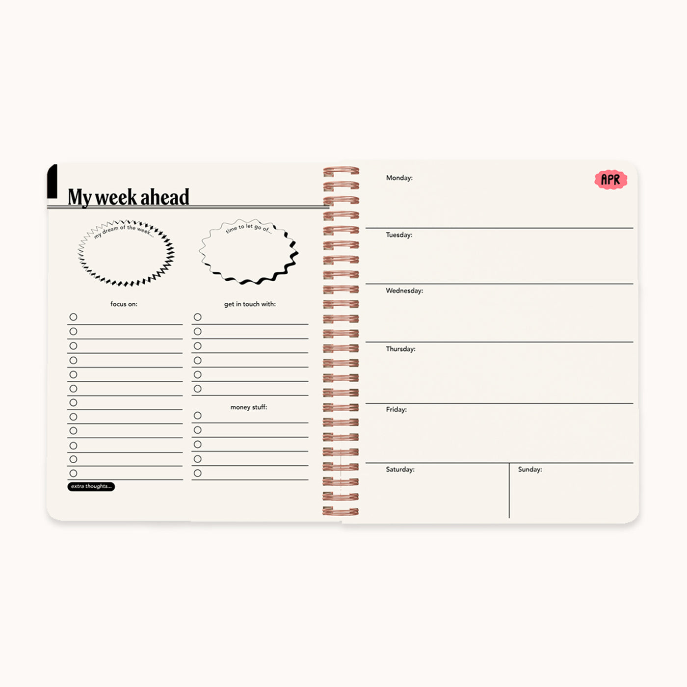 Weekly planner with a spiral binding on a white background